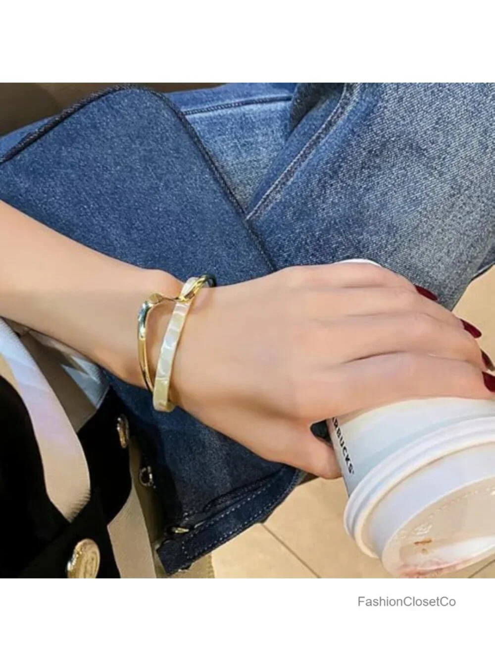 Wave Resin Bangle Bracelet, Gold Metal Wrapped Acrylic Open Cuff, Irregular